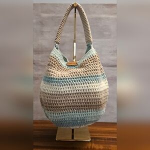 Crochet Hobo Bag - Beige and Blue